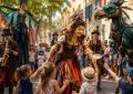 Spectacle déambulatoire dans une rue animée avec artistes costumés, musiciens et créature géante interagissant avec des enfants et le public