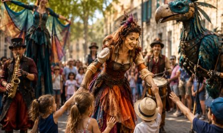 Spectacle déambulatoire dans une rue animée avec artistes costumés, musiciens et créature géante interagissant avec des enfants et le public