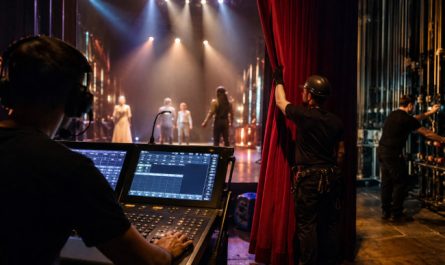 Régisseur lumière et techniciens en coulisses préparant un spectacle vivant sur scène sous les projecteurs d’un théâtre.